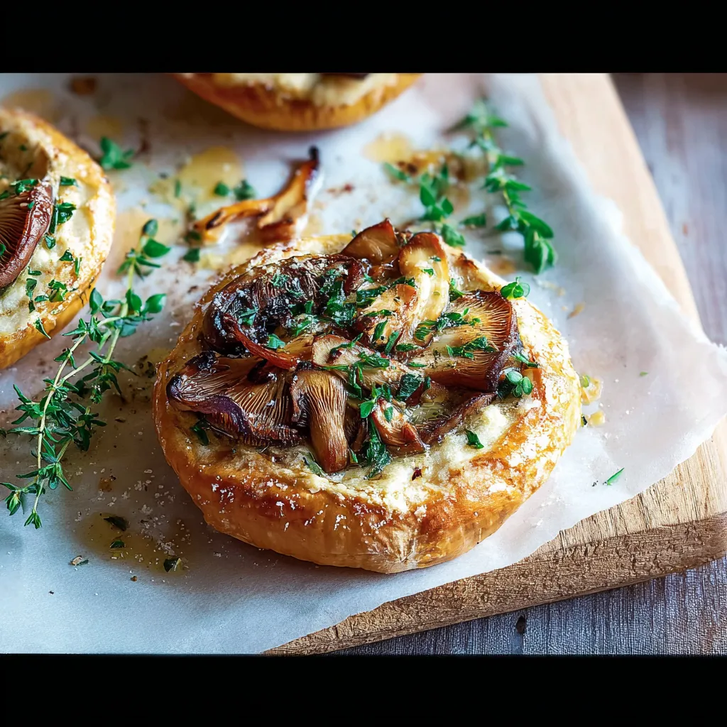 Two mushroom filled pastries on a wooden cutting board.