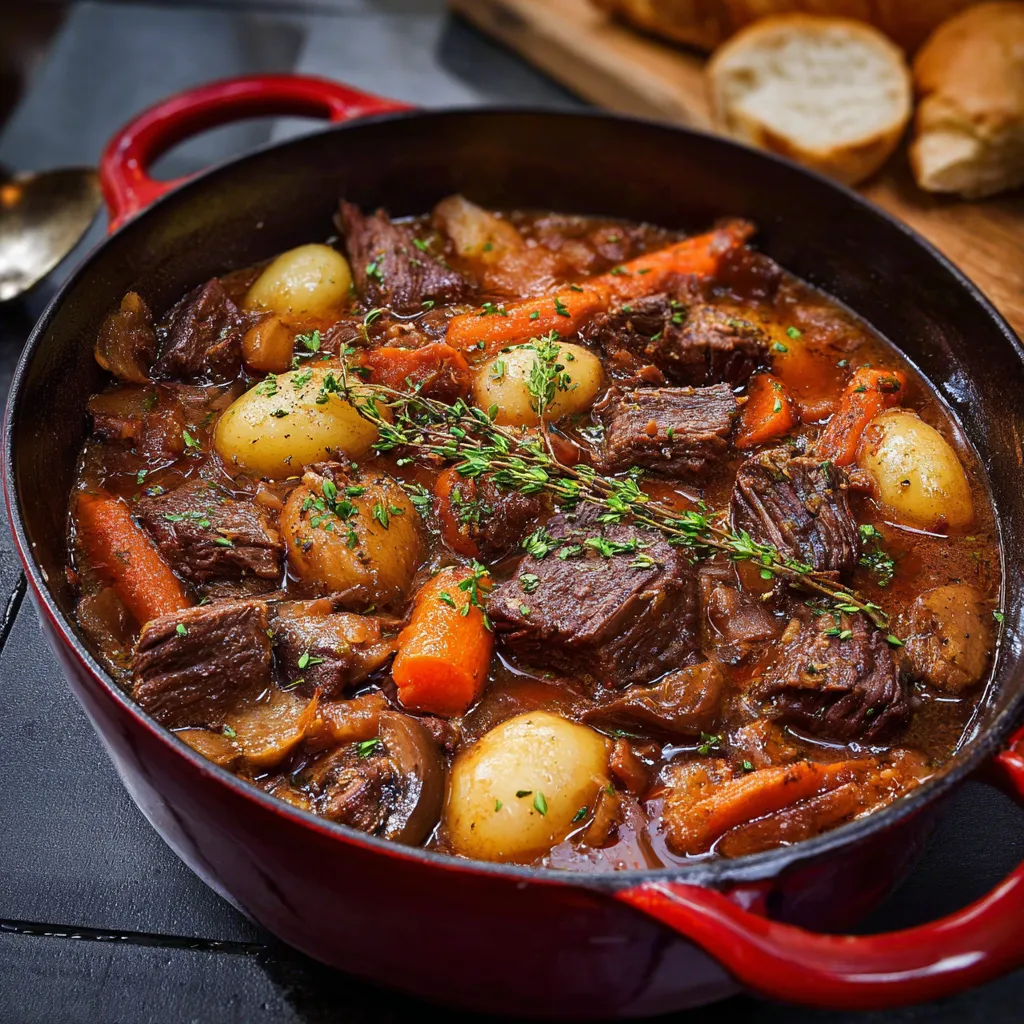 A pot of beef stew with carrots and potatoes.