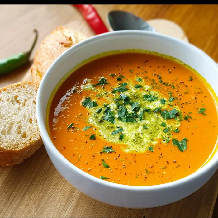 A bowl of soup with a spoon in it.