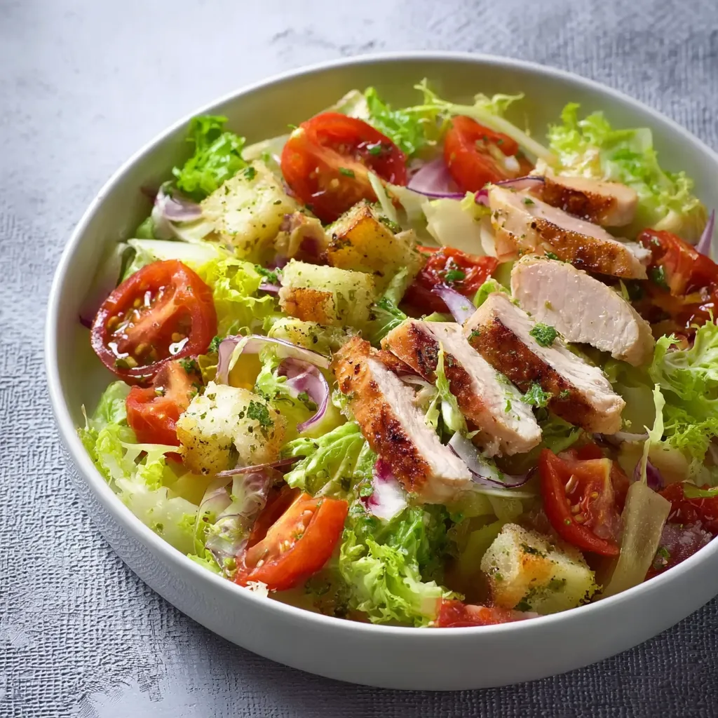 A bowl of salad with chicken and tomatoes.