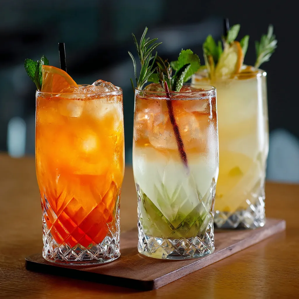 Three glasses of mixed drinks on a table.