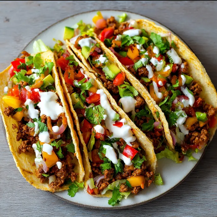 Two tacos with meat and vegetables on a plate.