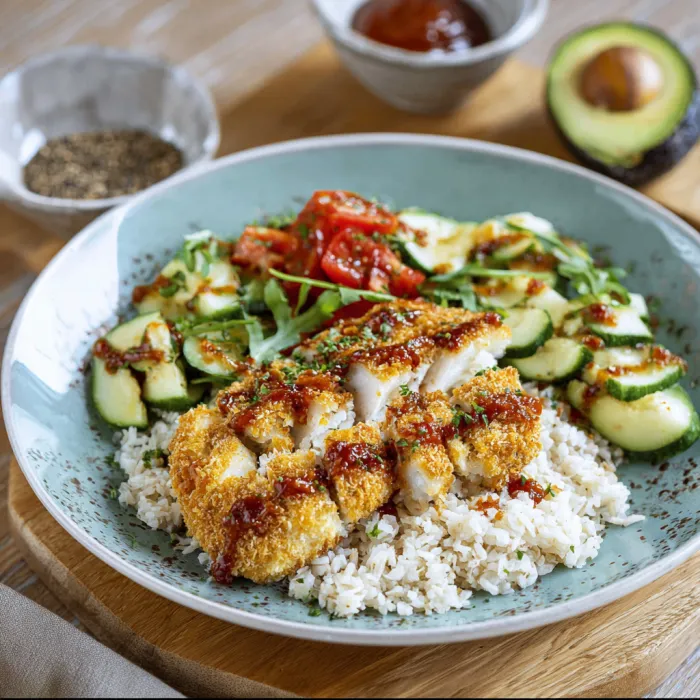 A plate of food with rice, tomatoes, cucumbers, and chicken.