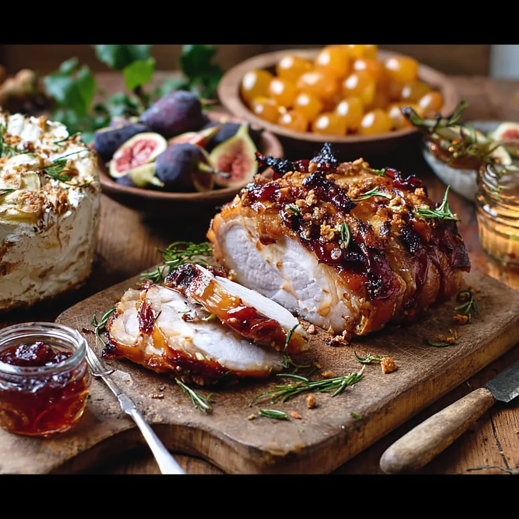 A wooden cutting board with a roast and vegetables.