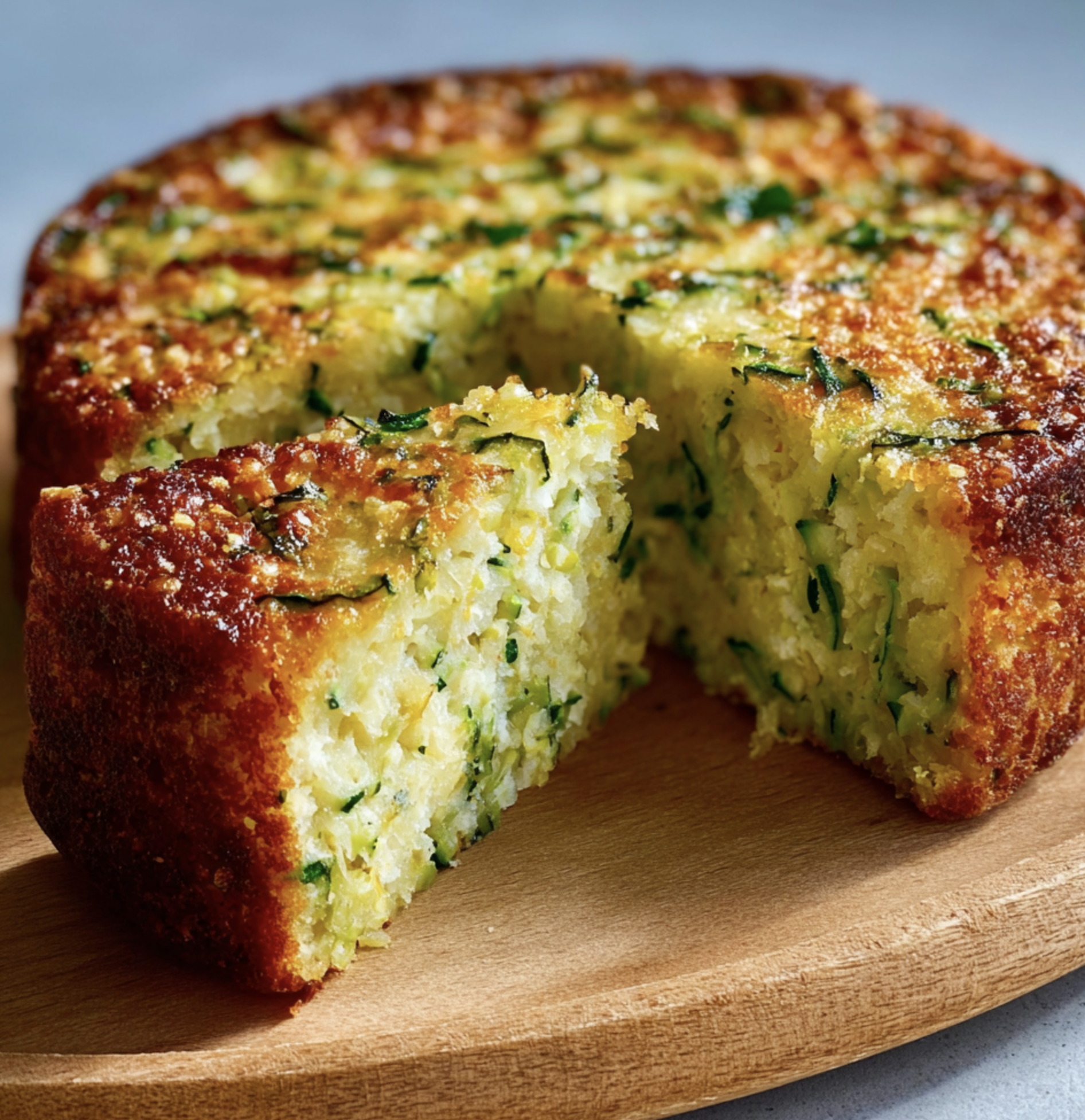Une tranche de galette de céleri, avec une pâte croustillante et des herbes fraîches, est servie sur un plateau en bois.