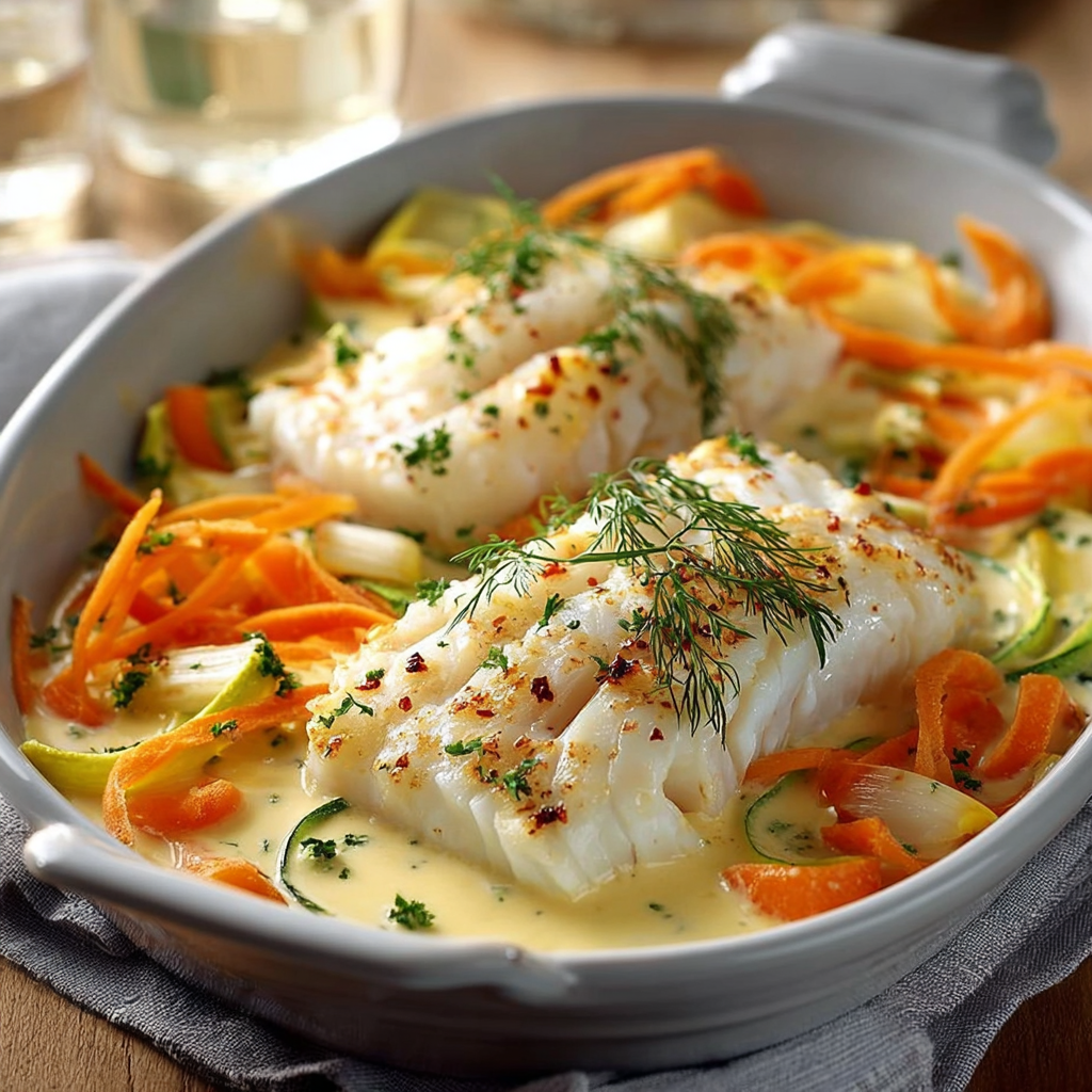 Une recette de poisson avec des légumes et des herbes, servie dans un bol.