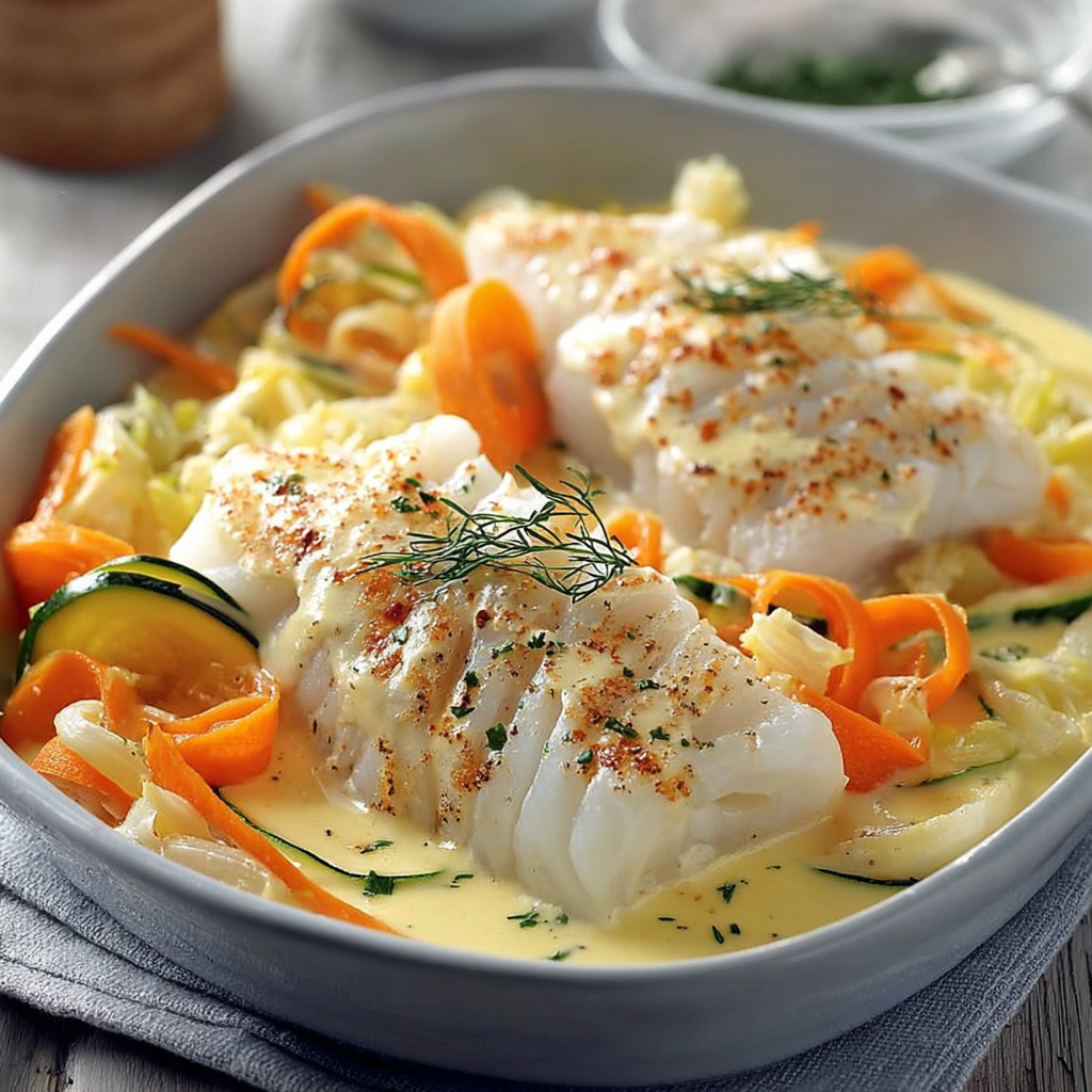 Une poêle de poisson grillé avec des légumes verts et des épices.