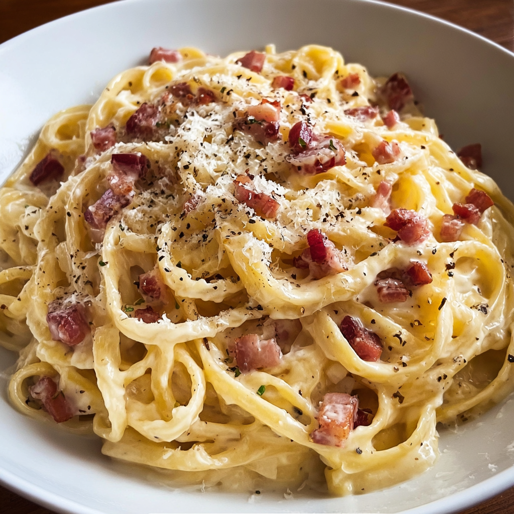 Une plate de pâtes à la carbonara, servie dans un bol blanc, avec des morceaux de bacon et des herbes.