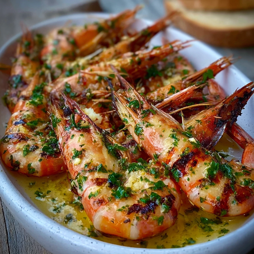 Une assiette de gambas grillées au beurre d'ail et persil, accompagnée d'une baguette.