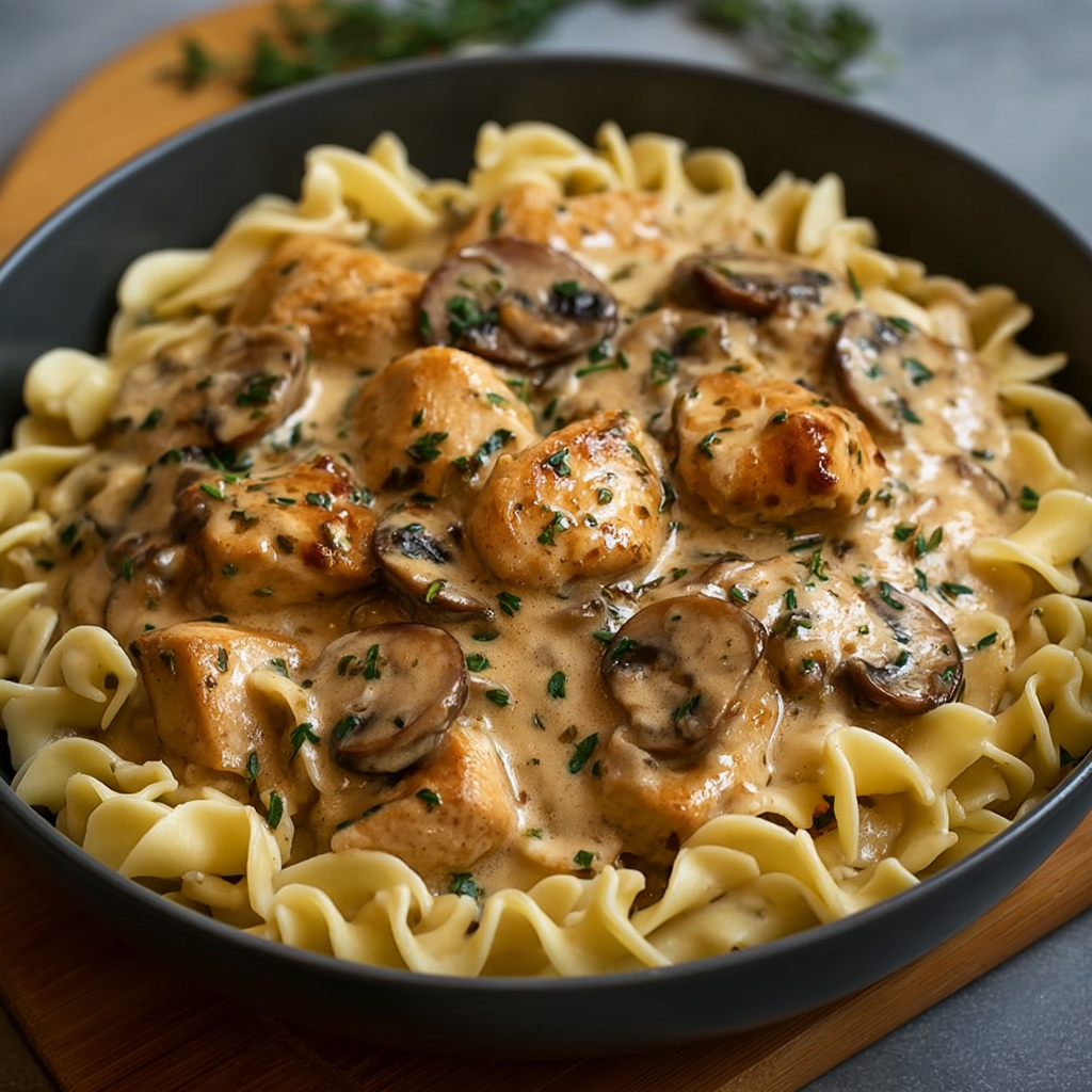 Un plat de Stroganoff de poulet aux champignons, avec des pâtes et des herbes, est servie sur un plateau.