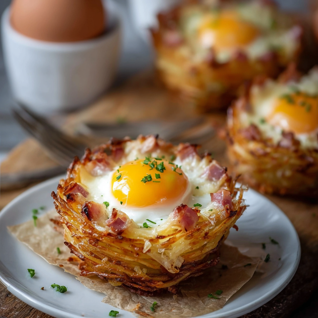 Une recette de Nids de Pommes de Terre aux Œufs, Jambon et Fromage est servie sur un plateau.