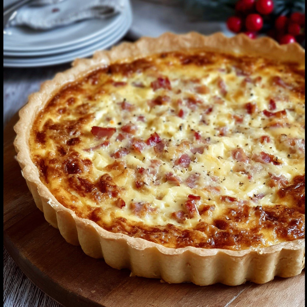 Une tarte au quiche maison, avec des ingrédients tels que des tomates, des oignons, des champignons et des herbes, est servie sur un plateau en bois.