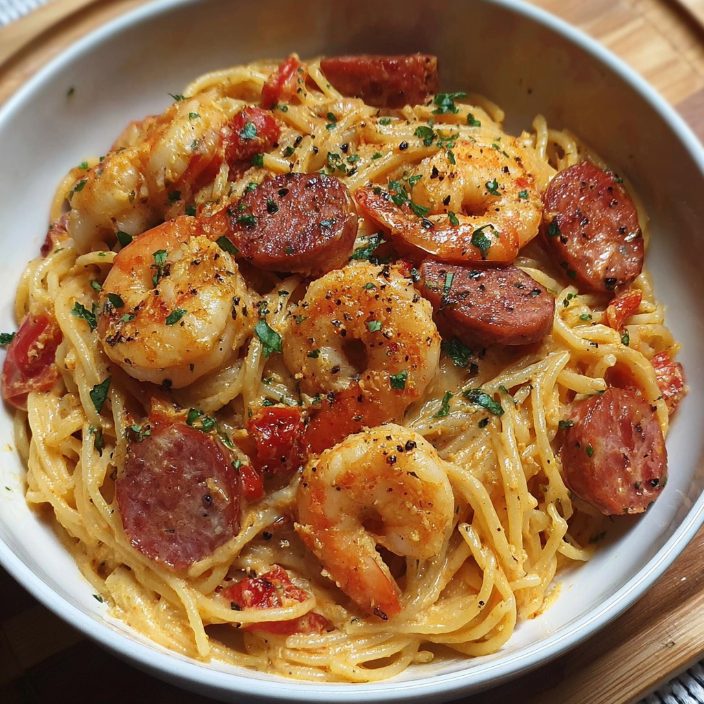 Un plateau de spaghetti à la creme avec des moules et des épinards.