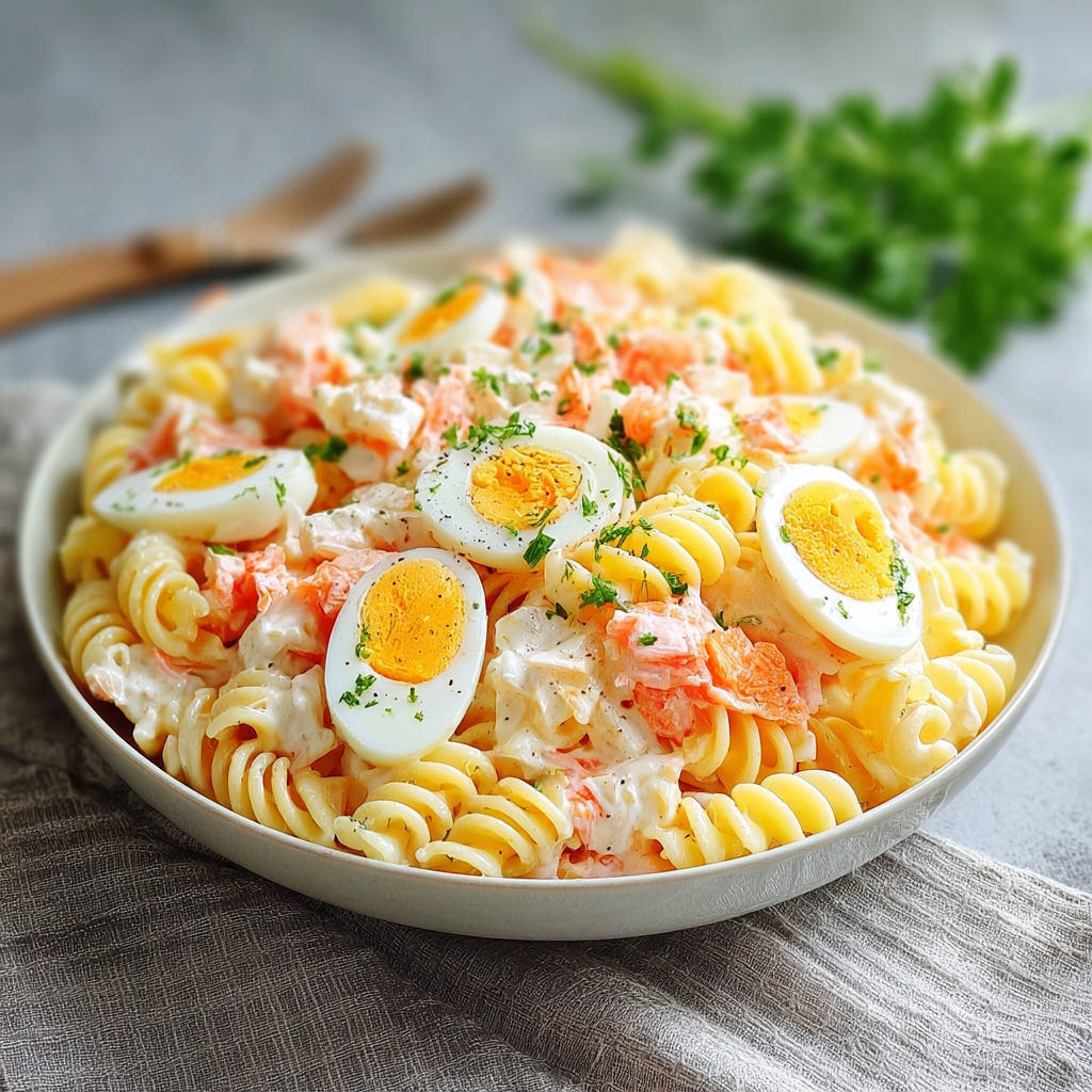 Une salade de pâtes au surimi et œufs durs est servie dans un plat en verre.