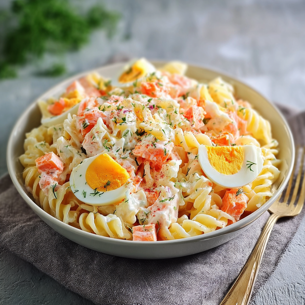 Une salade de noix de coco et de macaroni avec des oeufs entiers et des herbes.