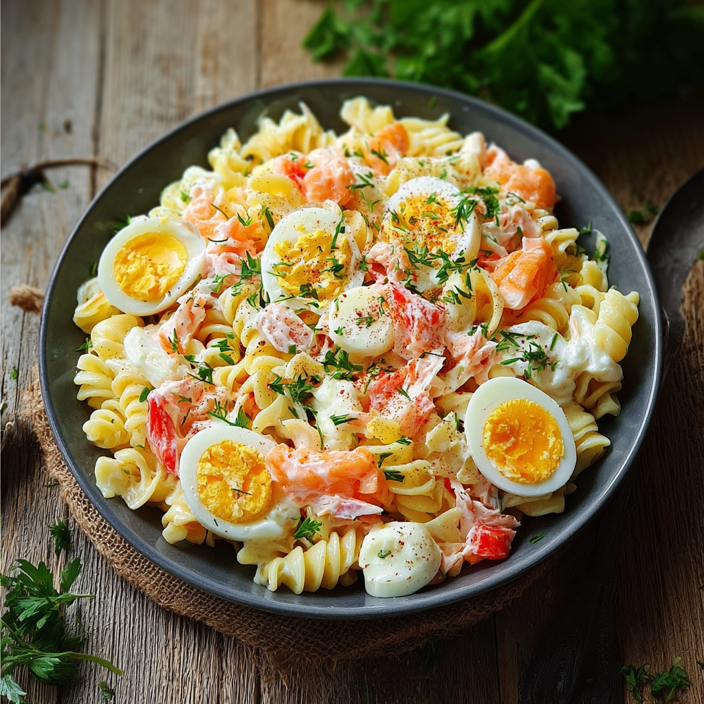 Une recette de macaroni aux oeufs et légumes.