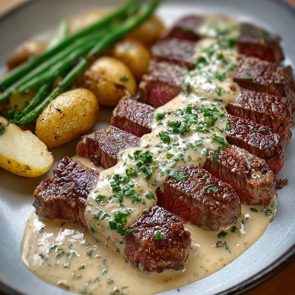 Steak juteux avec sauce crémeuse à l'ail.