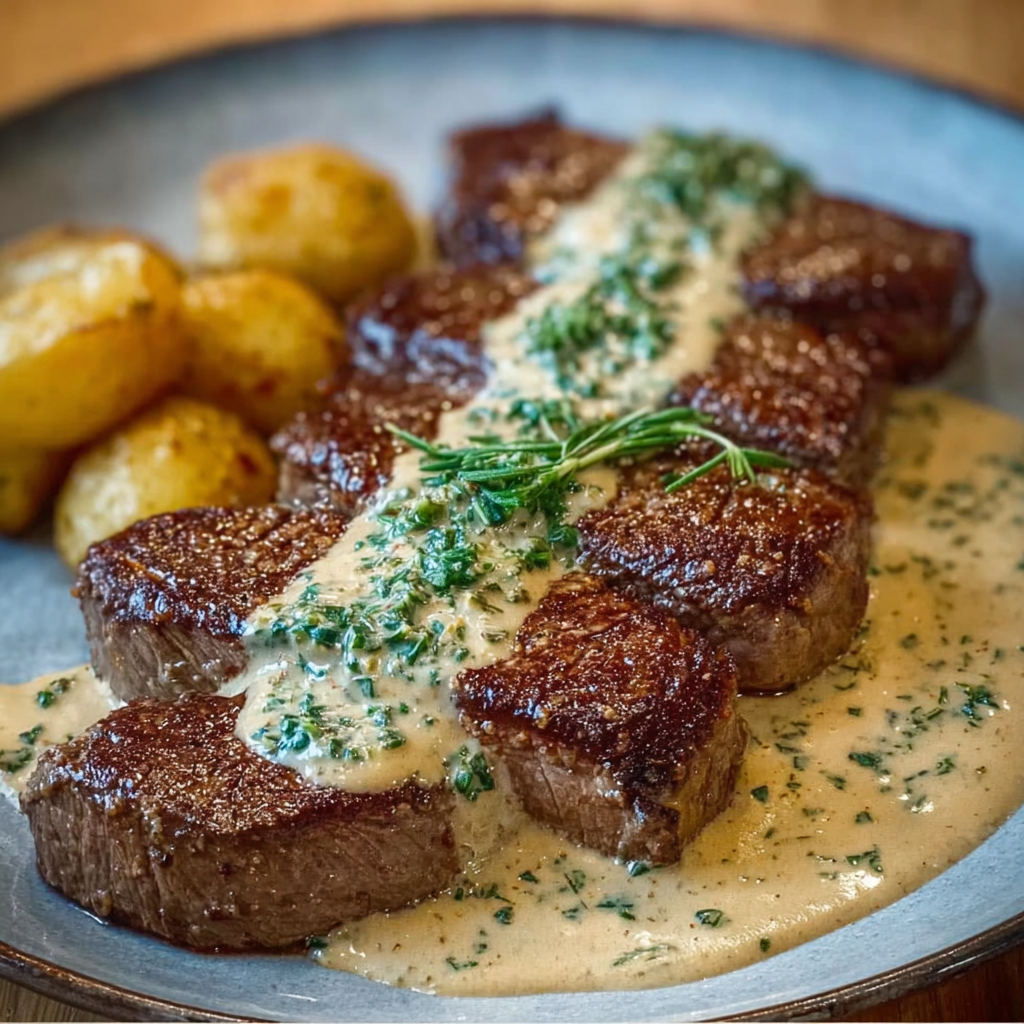 Une viande grillée avec une sauce au pesto et des pommes de terre.