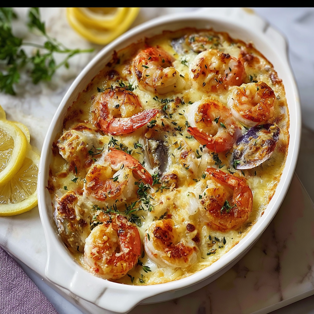 Un plat de crevettes et légumes, avec des citrons et des herbes fraîches.