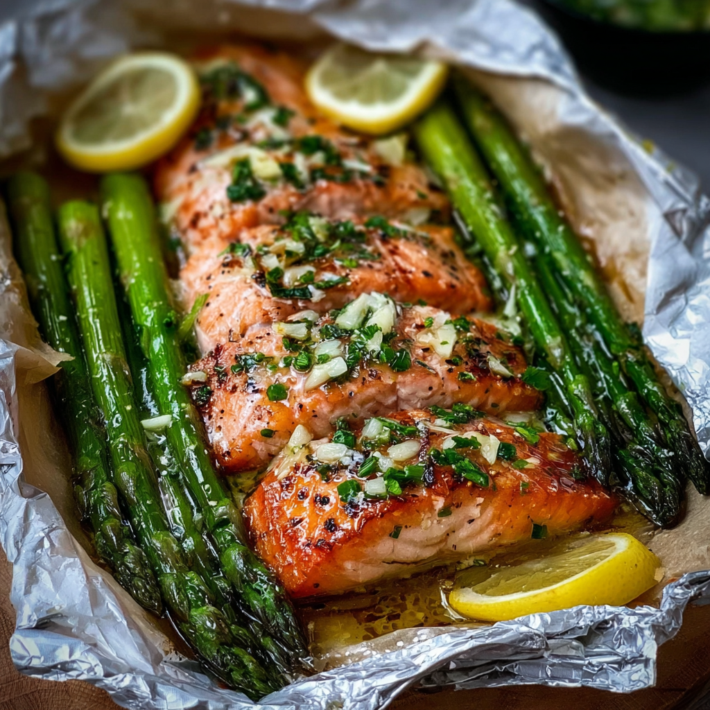 Saumon grillé avec des asperges et une sauce au beurre citronné à l'ail.