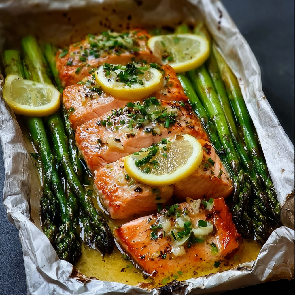 Saumon grillé avec des asperges et une sauce au beurre citronné à l'ail, présenté dans un papillote.