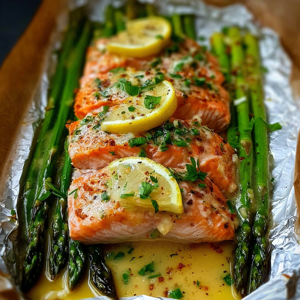 Saumon grillé avec des asperges et une sauce au beurre citronné à l'ail.