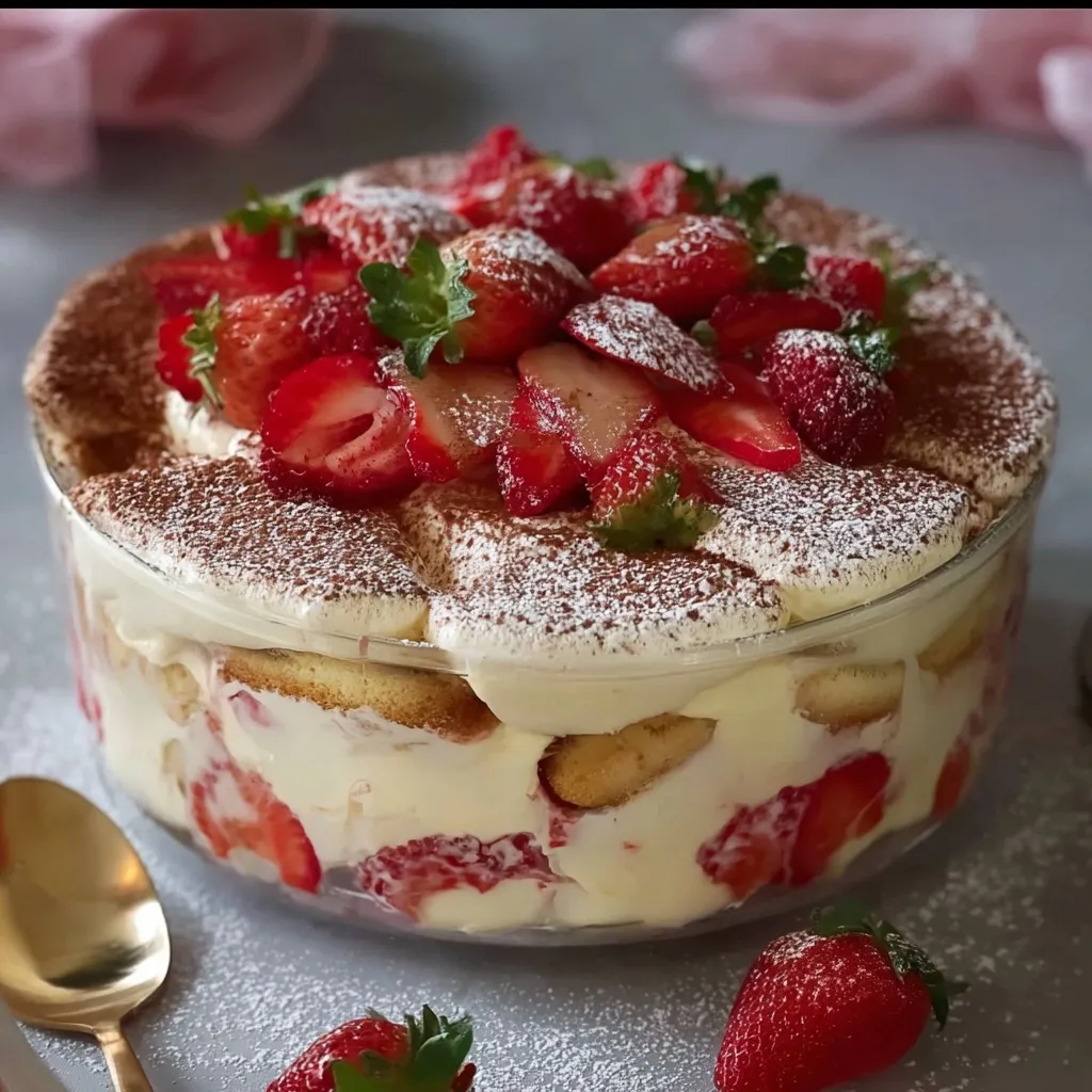 Une tarte aux fraises façon tiramisu est servie sur un plateau.