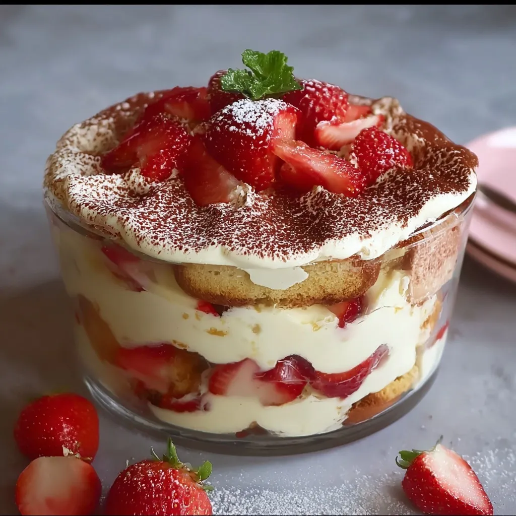 Une tarte aux fraises et au chocolat, garnie de fraises fraîches, est servie dans un verre.