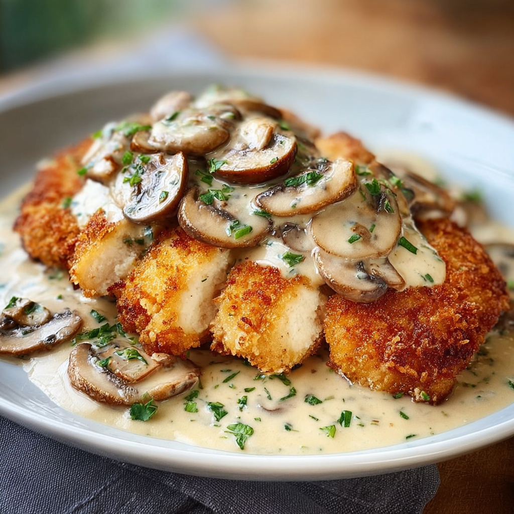 Une recette de poulet avec des champignons et des herbes.
