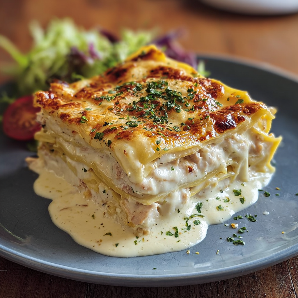Un plat de lasagnes fondantes au poulet et sauce blanche crémeuse, accompagné de salade.