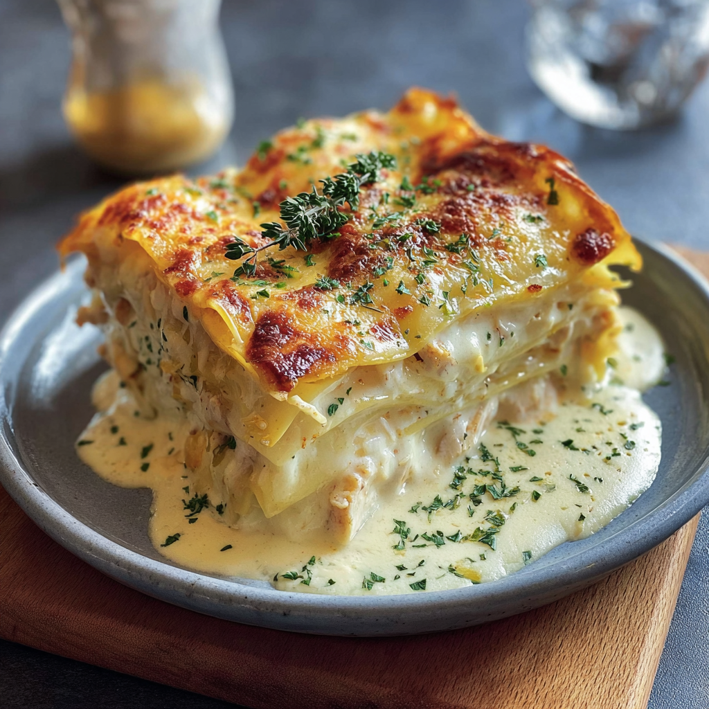Une tarte au citron et au chocolat, garnie de herbes et de sauce, est servie sur un plateau en bois.