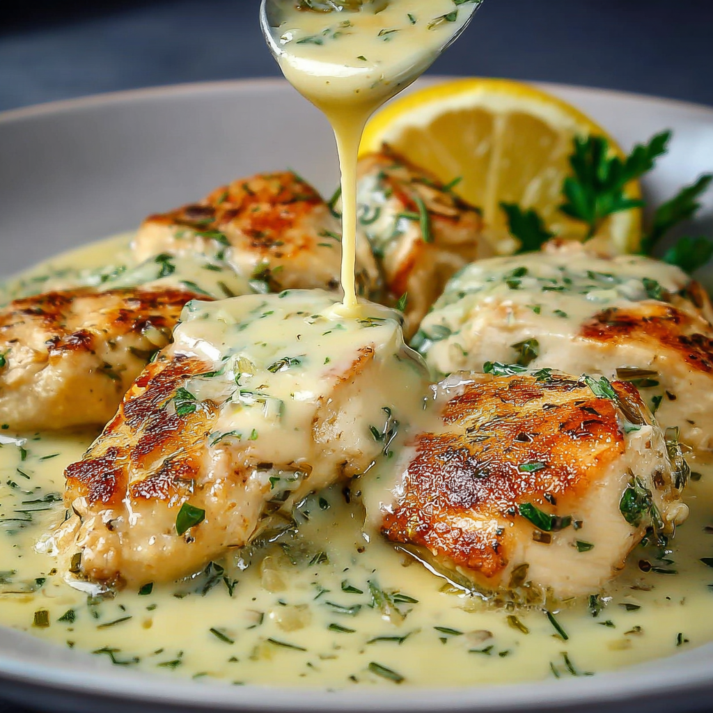 Une recette de poulet grillé avec une sauce au yaourt et des herbes.