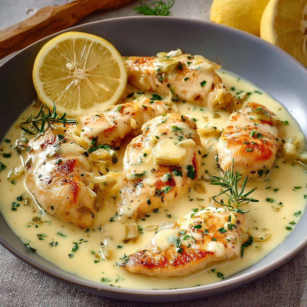 Plate of chicken with lemon and herbs, served with a creamy sauce.