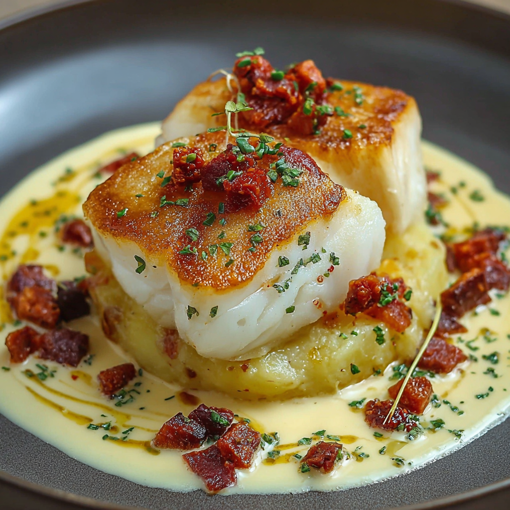 Une recette de poisson grillé avec des légumes et une sauce.