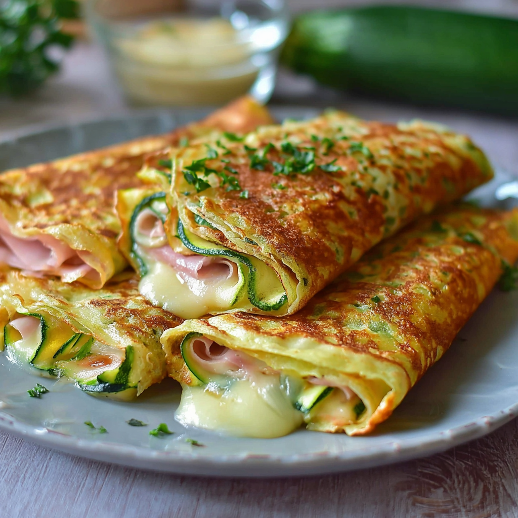 Un sandwich de zucchini et de jambon, avec des herbes et des légumes verts, est servie sur un plateau.