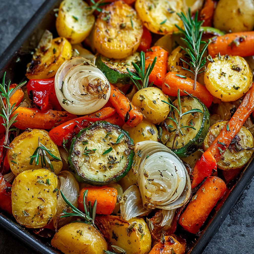 Une assiette de légumes rôtis avec des herbes et des épices, prêts à être mangés.
