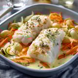 Plate of fish with vegetables and cream sauce.