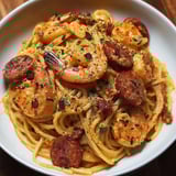 Une assiette de spaghetti à la crème de poivron, chorizo et crevettes, avec des poivrons verts et des épinards ajoutés pour garnir.