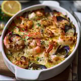 Un plat de fruits de mer riche et délicieux, avec des moules, des crevettes et des légumes, est servie dans un bol en porcelaine.