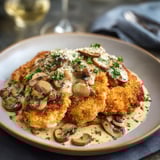 Une assiette de poulet croustillant doré avec sauce aux champignons et au Parmesan.