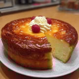 Une portion de gâteau au yaourt extra moelleux, avec une garniture de raspberry et de crème.