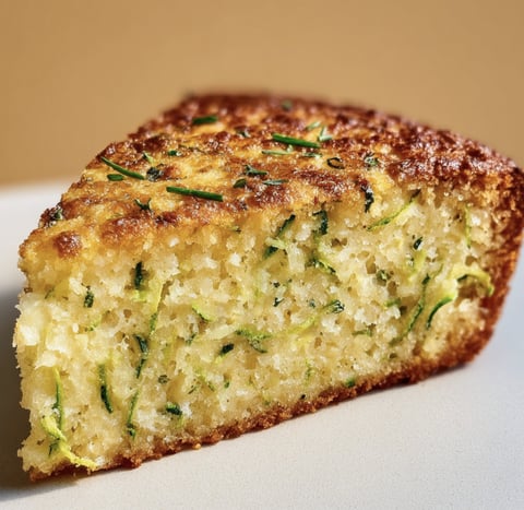 Une tranche de gâteau moelleux aux courgettes et Parmesan, avec des herbes vertes visibles.