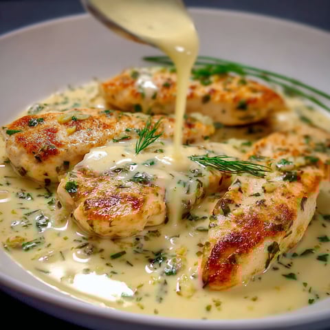 Filets de poulet à l'ail, sauce au beurre, herbes et ail, dans un bol.