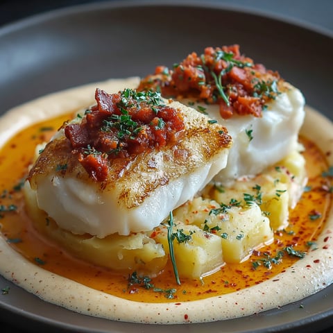 Une poêlée de chorizo et de cabillaud crème, accompagnée de pommes de terre et de sauce.